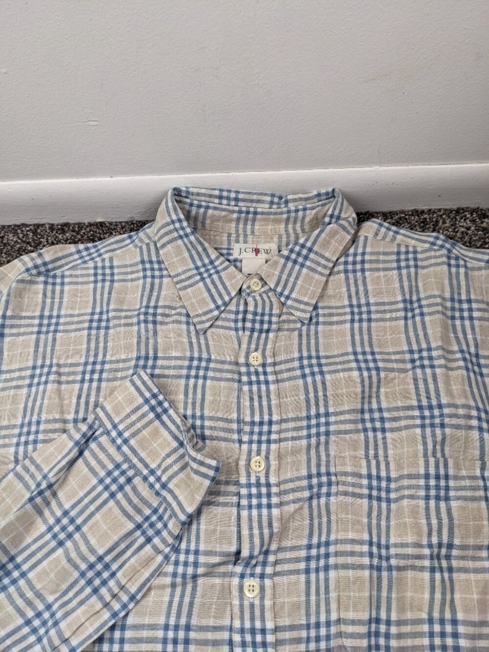 Vintage J Crew Shirt Linen Oarsman L/S Button Windowpane Plaid Tan Blue Mens XL
